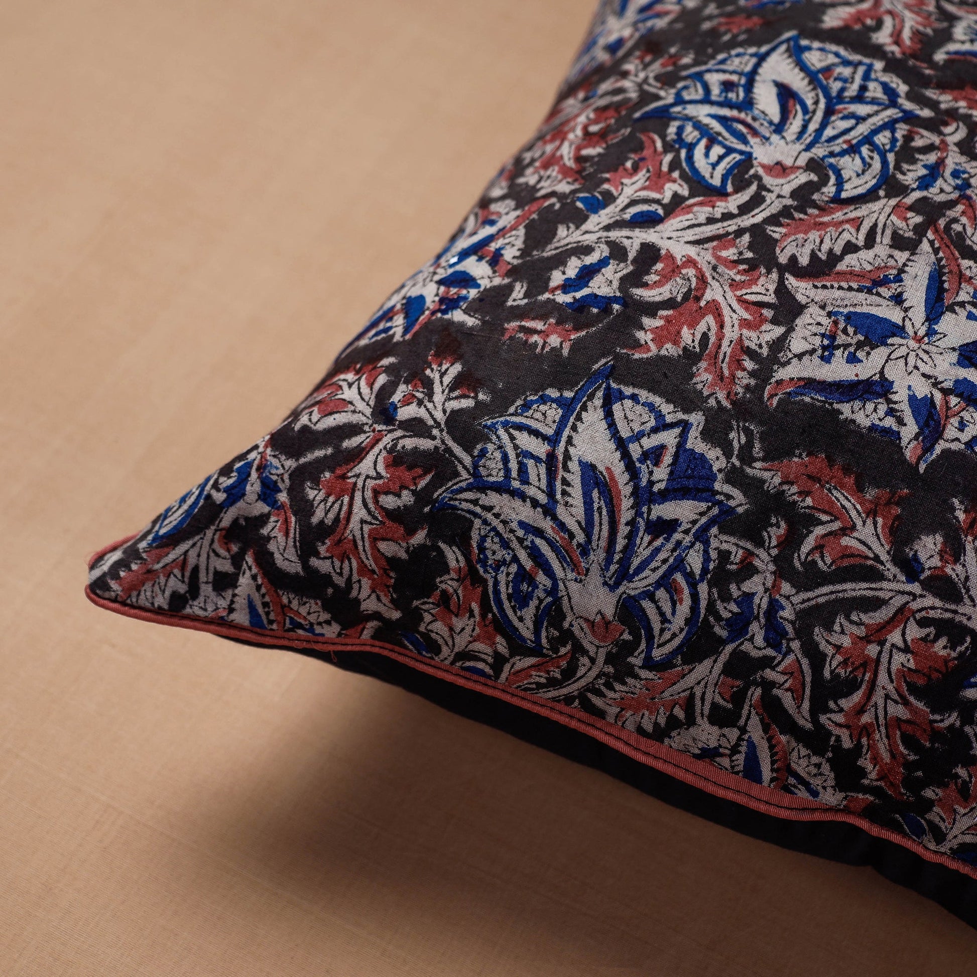 Black - Block Print Cotton Kalamkari Cushion Cover (16 x 16 in)
