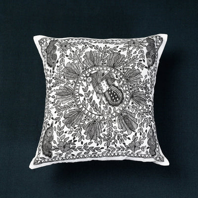 Black - Madhubani Handpainted Cotton Cushion Cover (16 x 16 in)