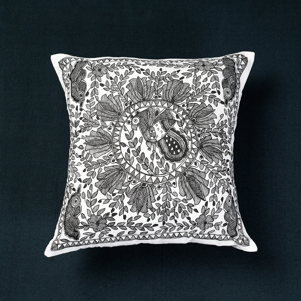 Black - Madhubani Handpainted Cotton Cushion Cover (16 x 16 in)