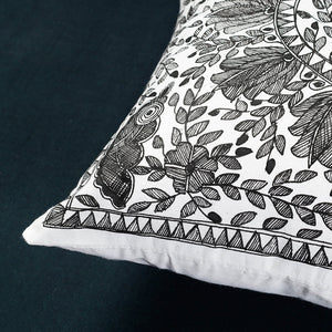 Black - Madhubani Handpainted Cotton Cushion Cover (16 x 16 in)