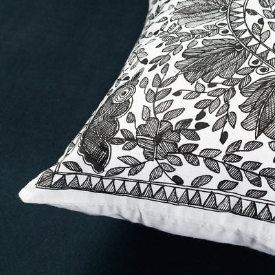 Black - Madhubani Handpainted Cotton Cushion Cover (16 x 16 in)