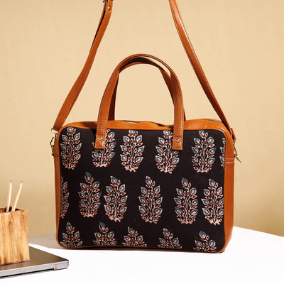 Black - Handcrafted Ajrakh Block Printed Cotton Laptop Bag (15 x 13 in)