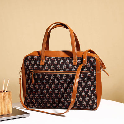 Black - Handcrafted Ajrakh Block Printed Cotton Laptop Bag (15 x 13 in)