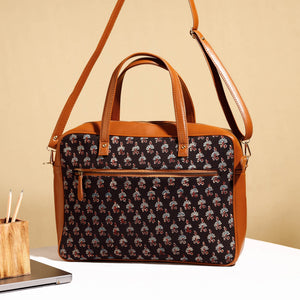 Black - Handcrafted Ajrakh Block Printed Cotton Laptop Bag (15 x 13 in)