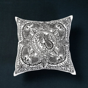 Black - Madhubani Handpainted Cotton Cushion Cover (16 x 16 in)