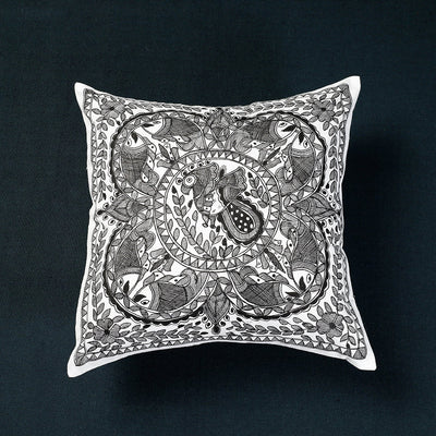 Black - Madhubani Handpainted Cotton Cushion Cover (16 x 16 in)