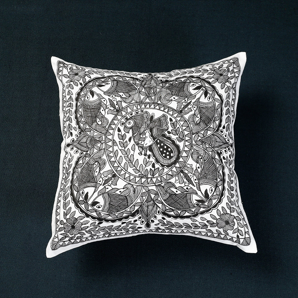 Black - Madhubani Handpainted Cotton Cushion Cover (16 x 16 in)