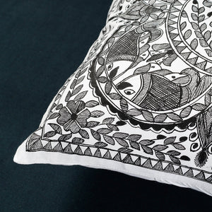 Black - Madhubani Handpainted Cotton Cushion Cover (16 x 16 in)