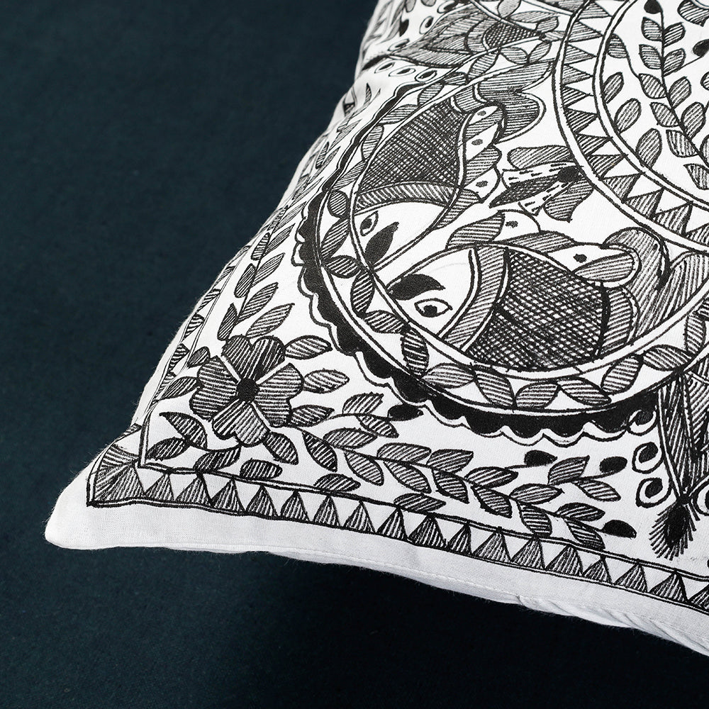 Black - Madhubani Handpainted Cotton Cushion Cover (16 x 16 in)