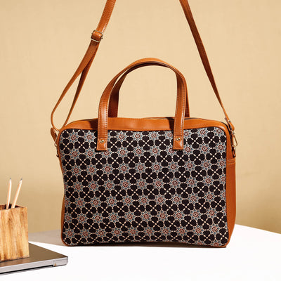 Black - Handcrafted Ajrakh Block Printed Cotton Laptop Bag (15 x 13 in)