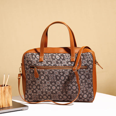 Black - Handcrafted Ajrakh Block Printed Cotton Laptop Bag (15 x 13 in)