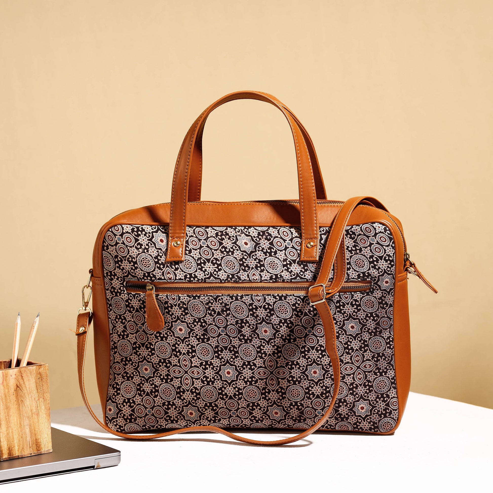 Black - Handcrafted Ajrakh Block Printed Cotton Laptop Bag (15 x 13 in)