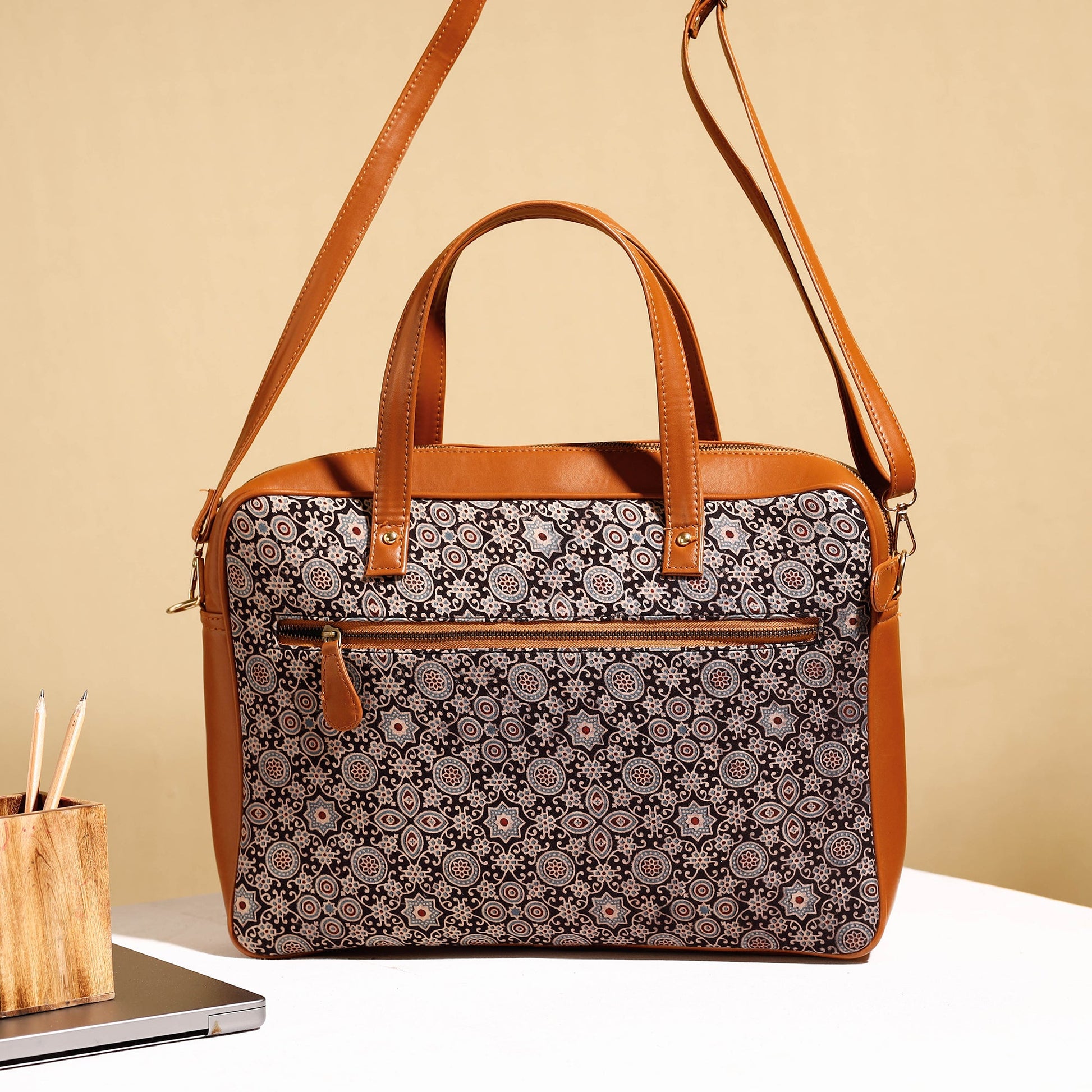 Black - Handcrafted Ajrakh Block Printed Cotton Laptop Bag (15 x 13 in)
