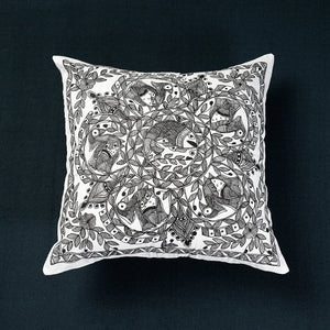 Black - Madhubani Handpainted Cotton Cushion Cover (16 x 16 in)