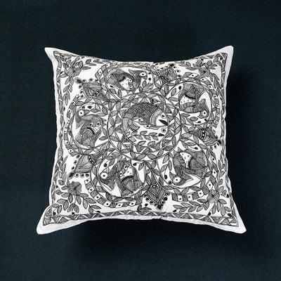 Black - Madhubani Handpainted Cotton Cushion Cover (16 x 16 in)