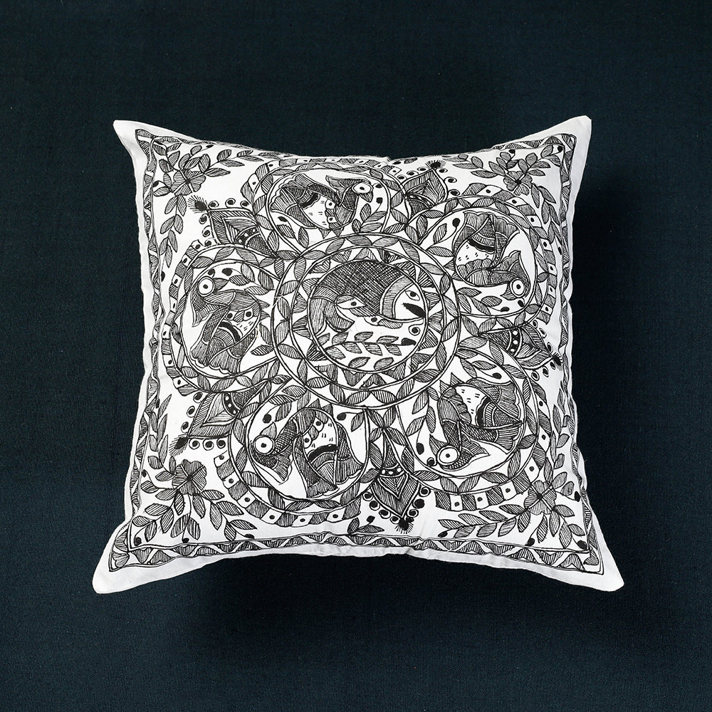 Black - Madhubani Handpainted Cotton Cushion Cover (16 x 16 in)