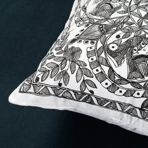Black - Madhubani Handpainted Cotton Cushion Cover (16 x 16 in)