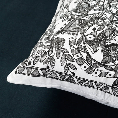 Black - Madhubani Handpainted Cotton Cushion Cover (16 x 16 in)