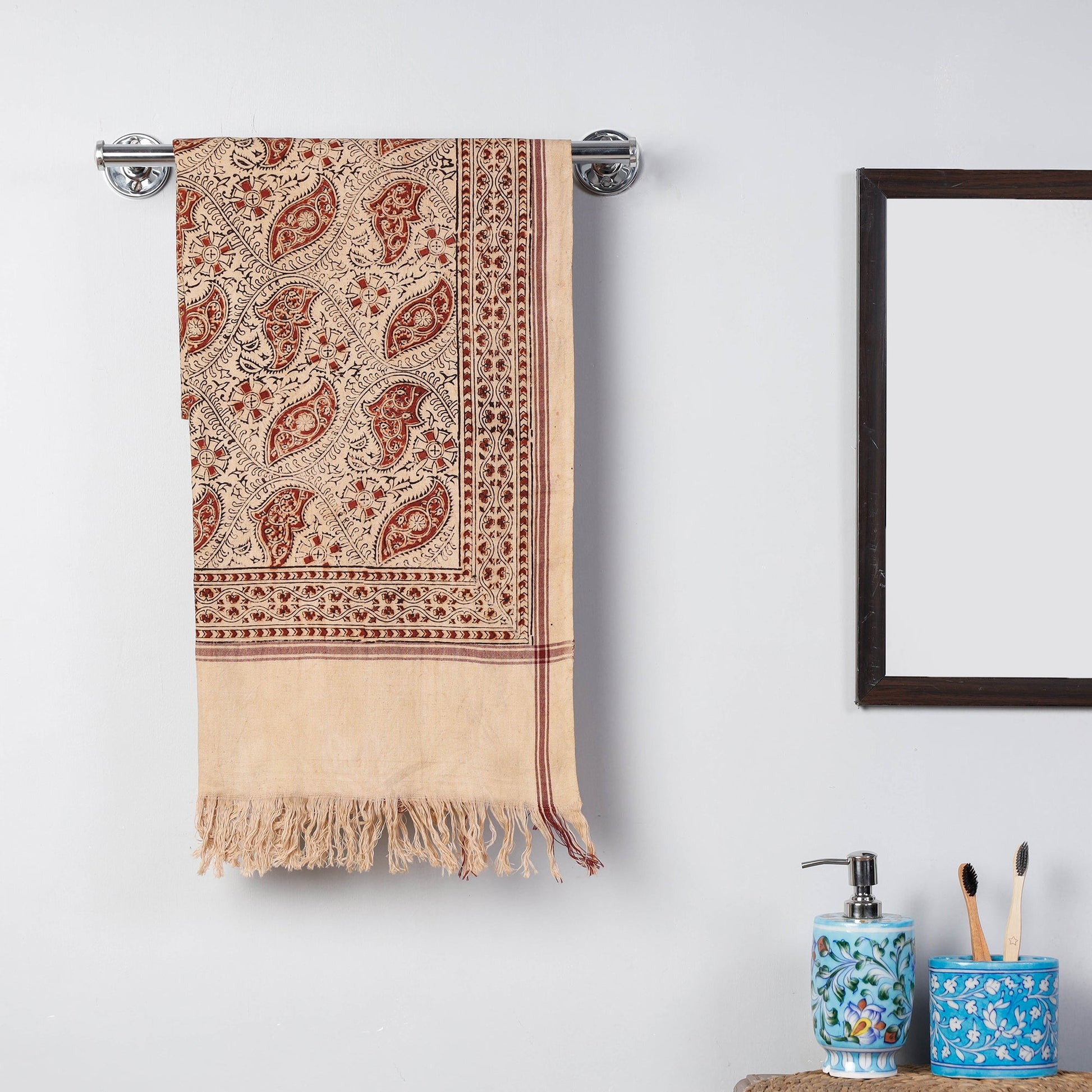 Beige - Pedana Kalamkari Block Printed Handloom Cotton Towel
