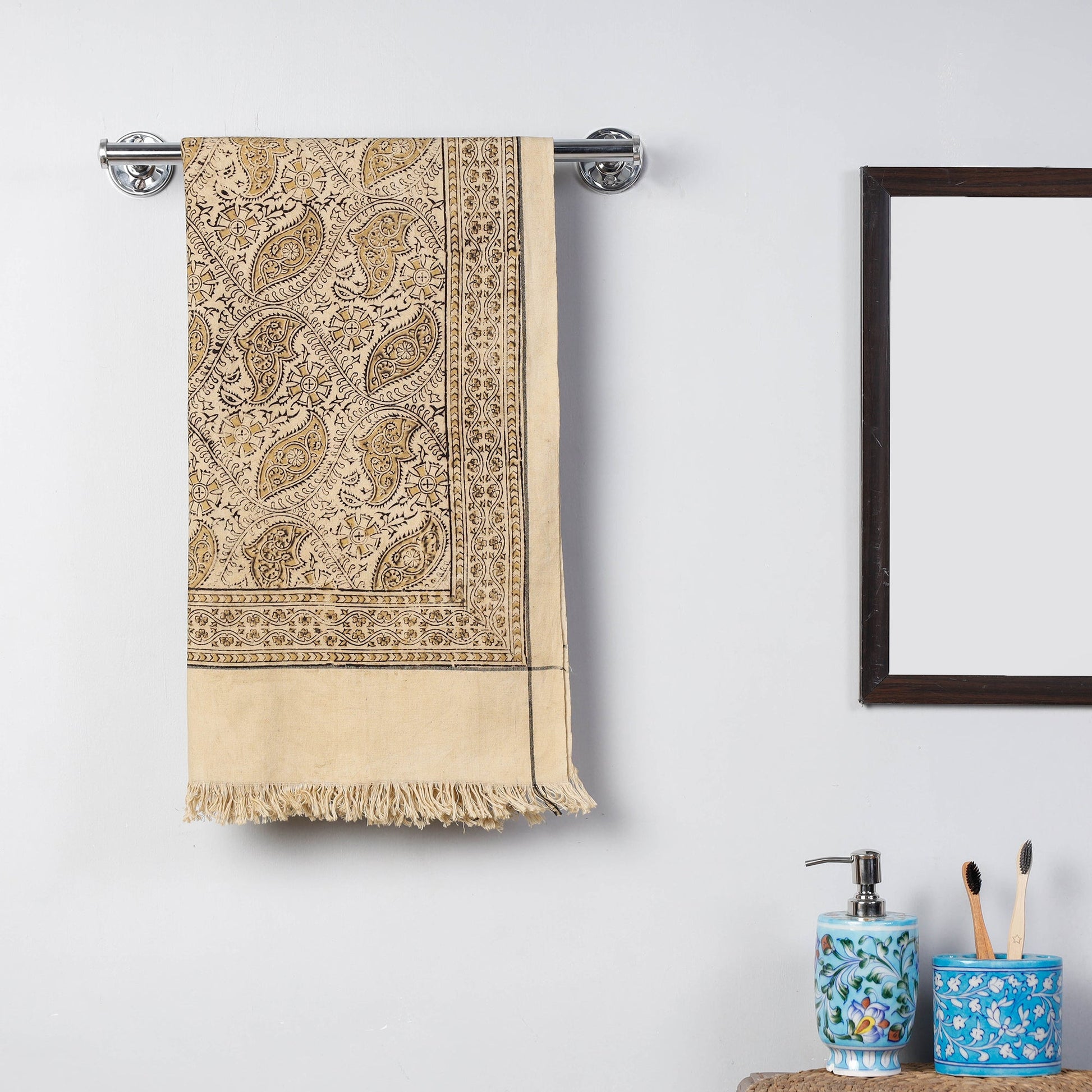 Beige - Pedana Kalamkari Block Printed Handloom Cotton Towel