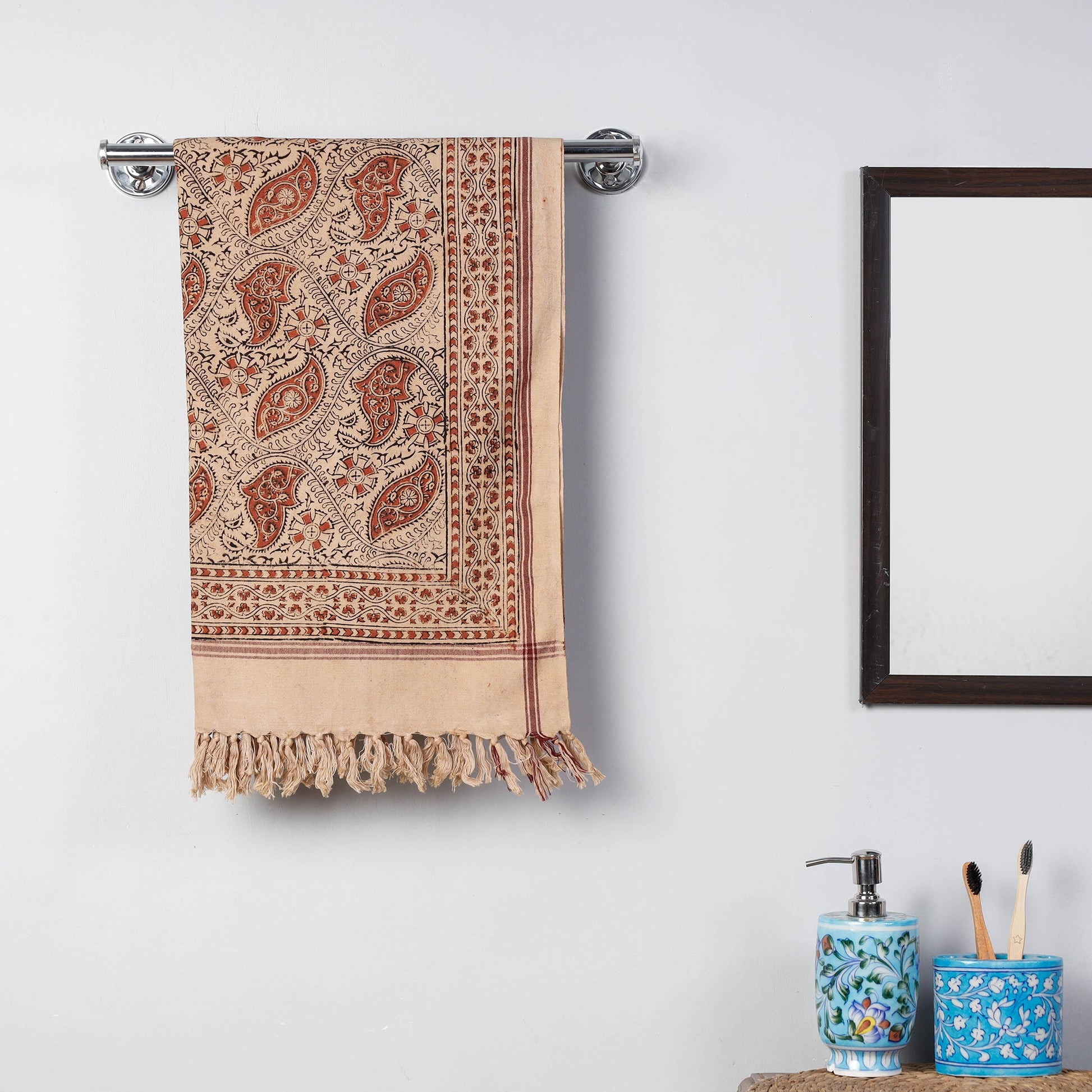 Beige - Pedana Kalamkari Block Printed Handloom Cotton Towel