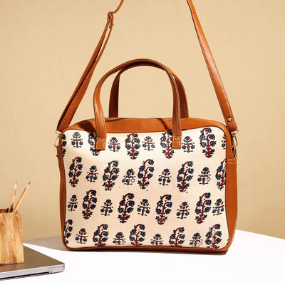 Beige - Handcrafted Ajrakh Block Printed Modal Silk Laptop Bag (15 x 13 in)