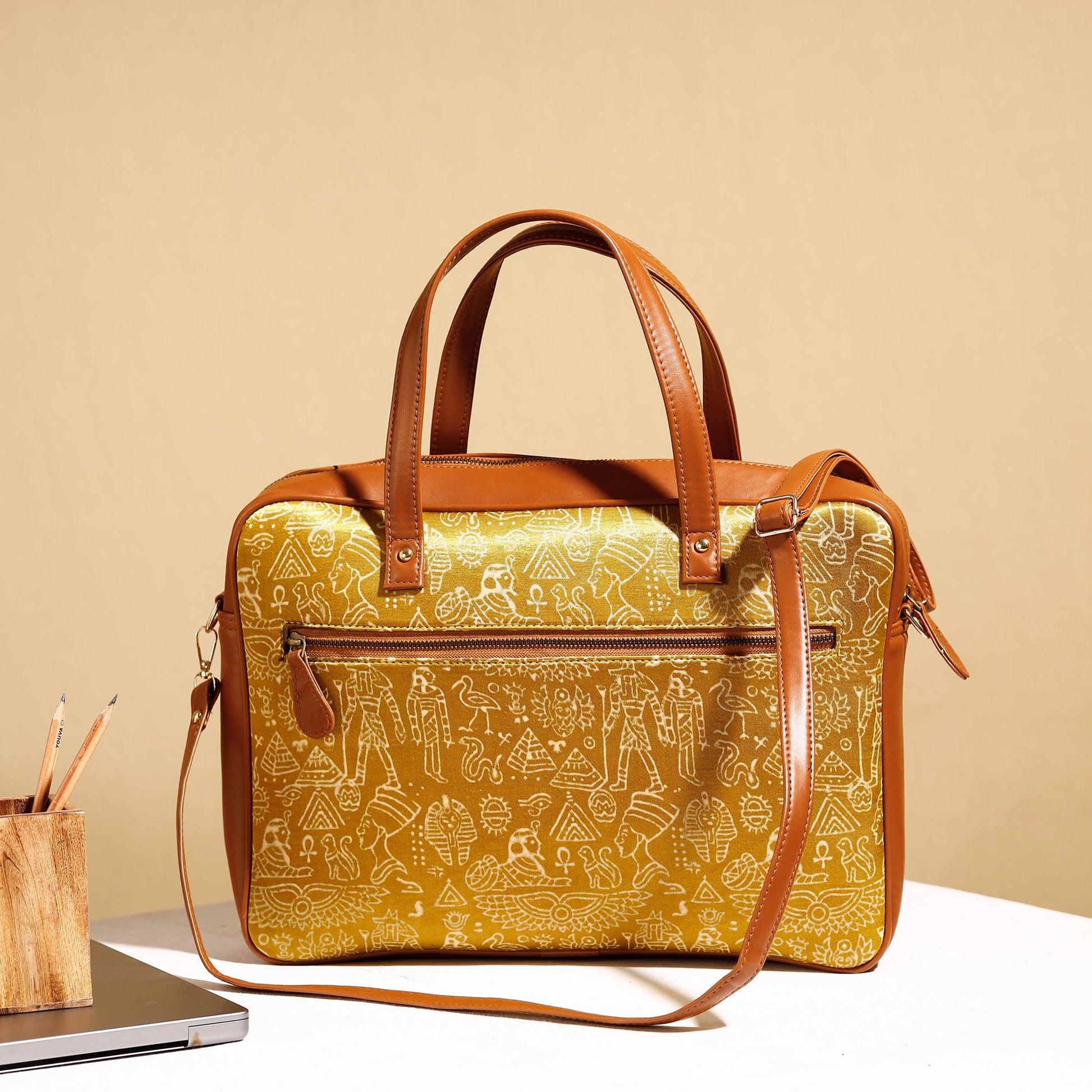 Brown - Handcrafted Ajrakh Block Printed Modal Silk Laptop Bag (15 x 13 in)