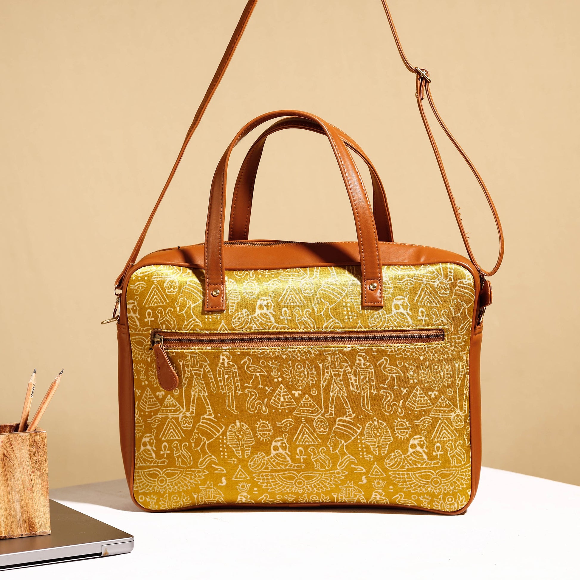 Brown - Handcrafted Ajrakh Block Printed Modal Silk Laptop Bag (15 x 13 in)