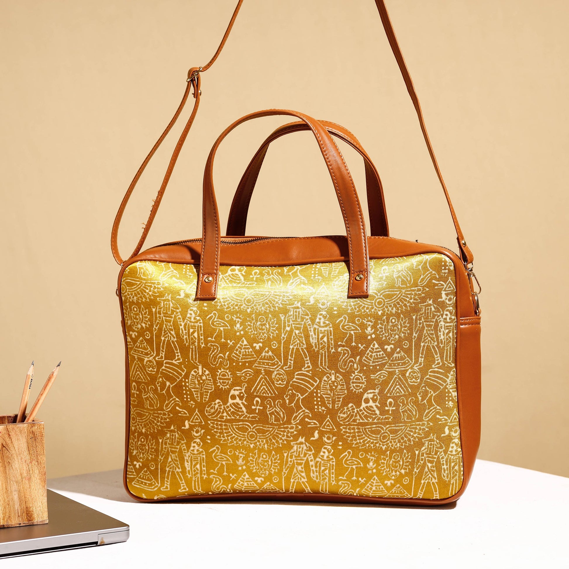Brown - Handcrafted Ajrakh Block Printed Modal Silk Laptop Bag (15 x 13 in)
