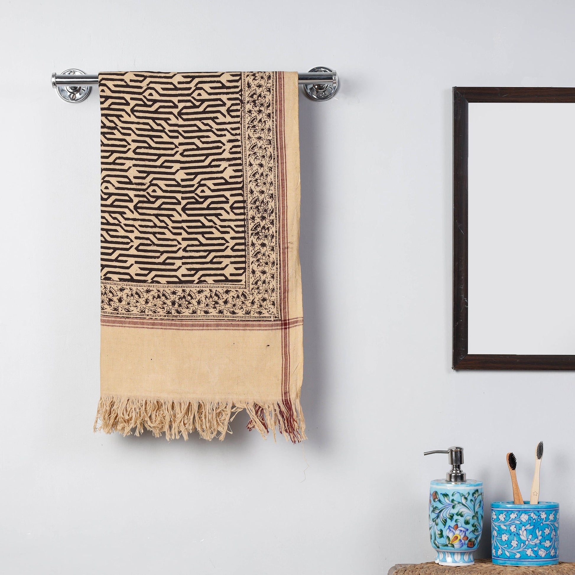 Black - Pedana Kalamkari Block Printed Handloom Cotton Towel