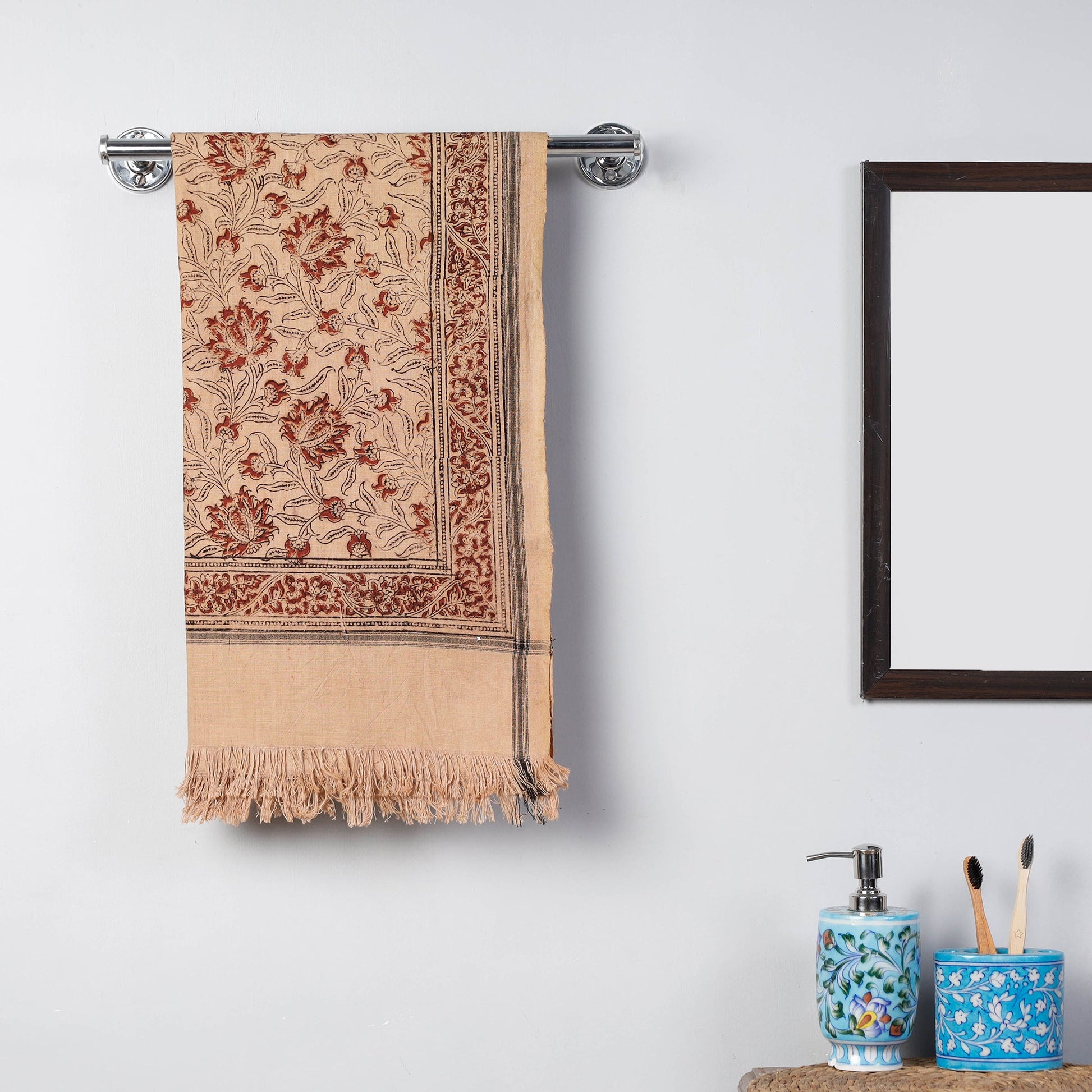 Beige - Pedana Kalamkari Block Printed Handloom Cotton Towel
