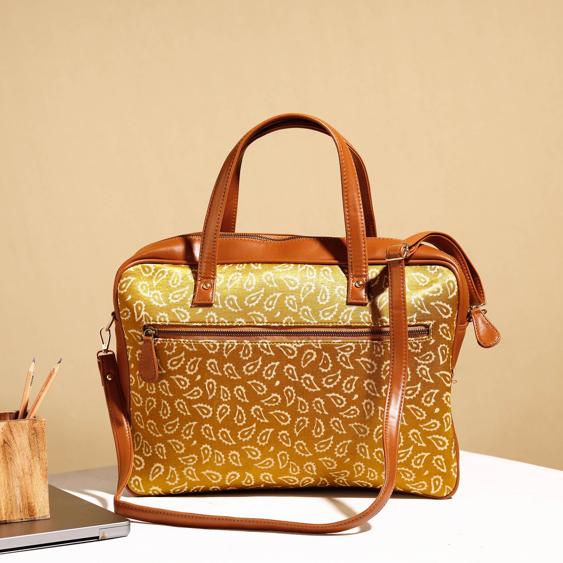 Brown - Handcrafted Ajrakh Block Printed Modal Silk Laptop Bag (15 x 13 in)