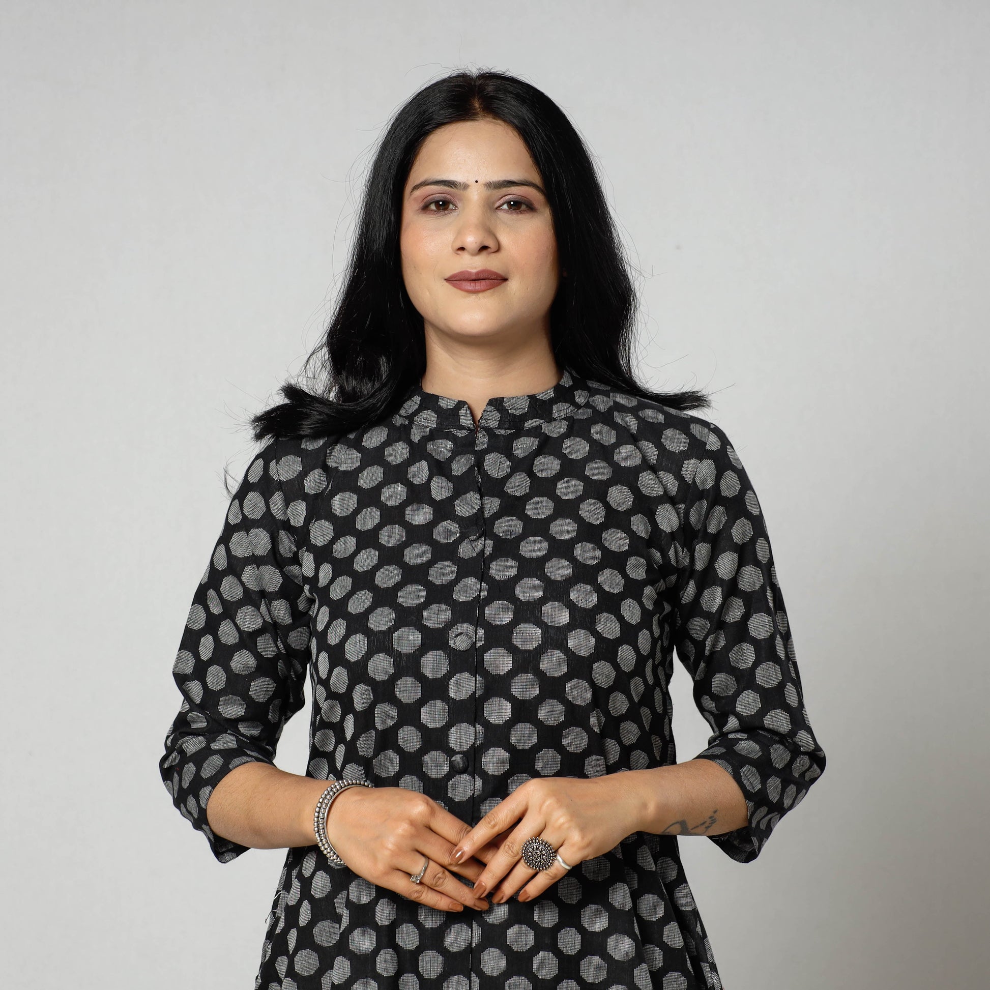 Black - Jacquard Cotton A-Line Long Kurta