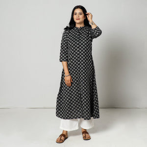 Black - Jacquard Cotton A-Line Long Kurta