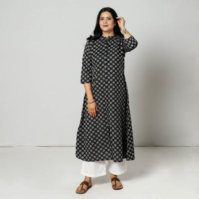 Black - Jacquard Cotton A-Line Long Kurta