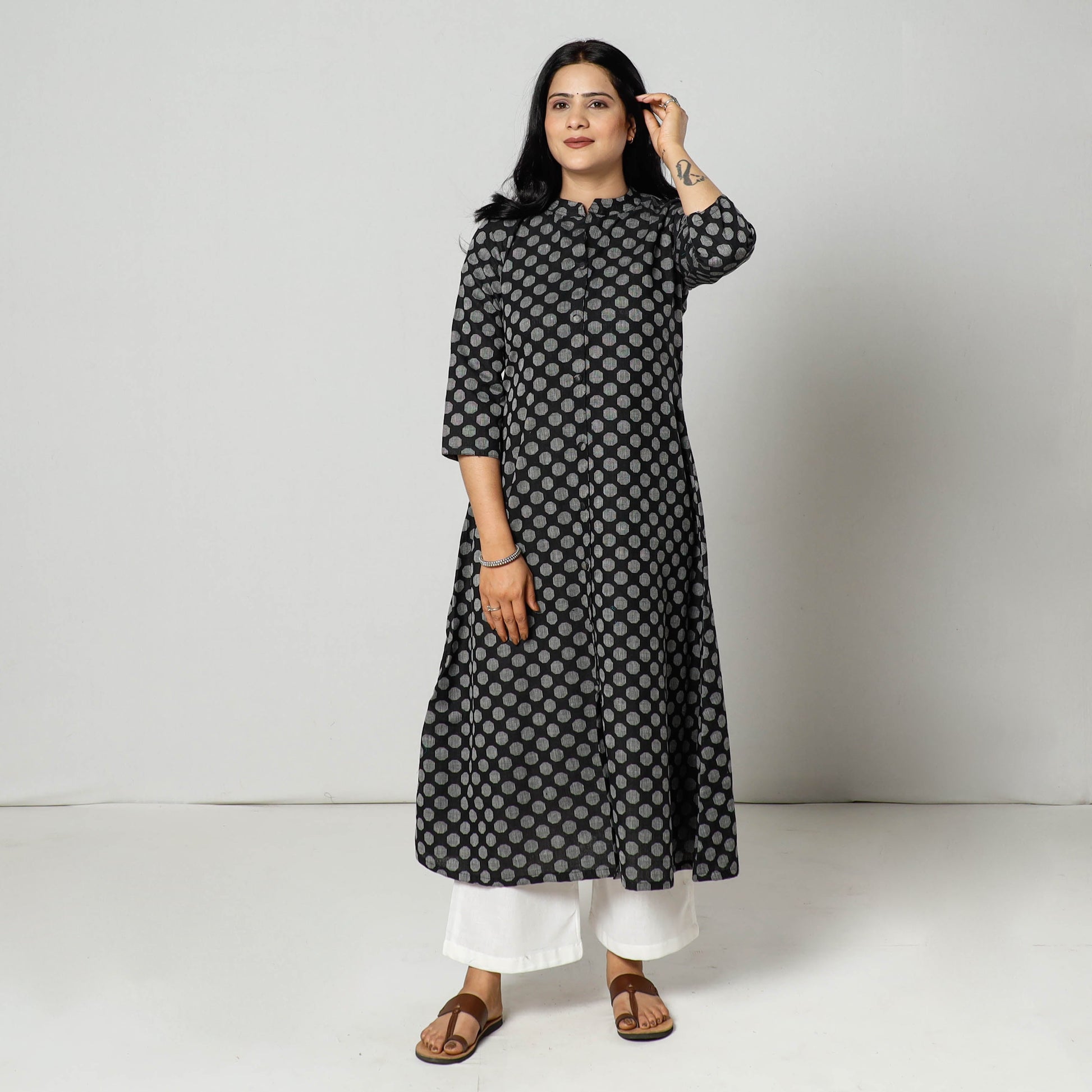 Black - Jacquard Cotton A-Line Long Kurta