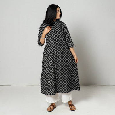 Black - Jacquard Cotton A-Line Long Kurta