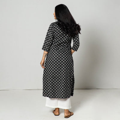 Black - Jacquard Cotton A-Line Long Kurta