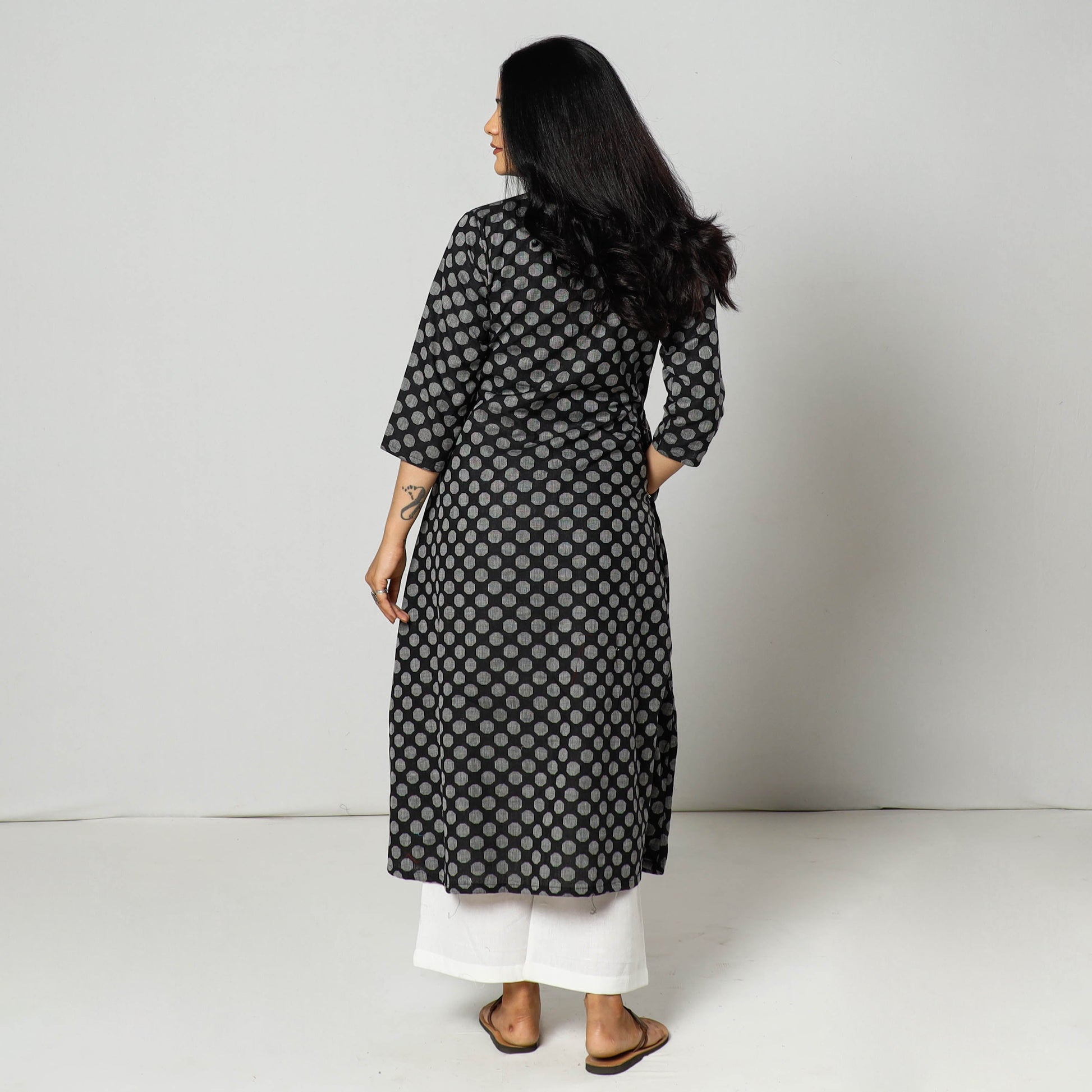 Black - Jacquard Cotton A-Line Long Kurta