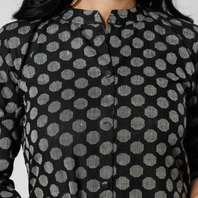 Black - Jacquard Cotton A-Line Long Kurta