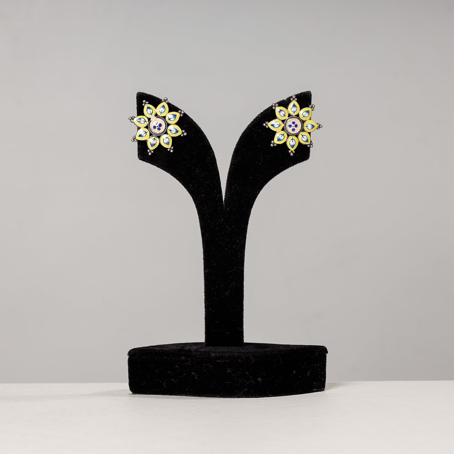 Antique Silver Finish Oxidised Brass Base Enamel Work Stud Earrings