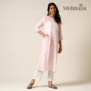 Baby Pink - Mulmalai Cotton Plain Dyed Straight Long Kurta 28