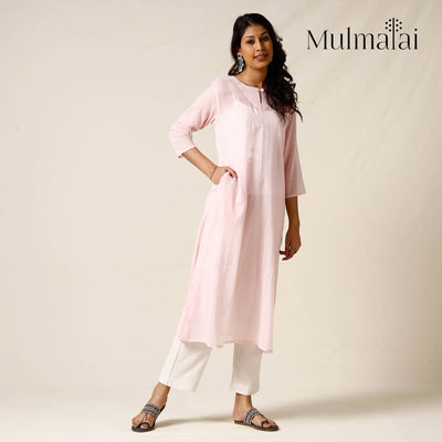 Baby Pink - Mulmalai Cotton Plain Dyed Straight Long Kurta 28