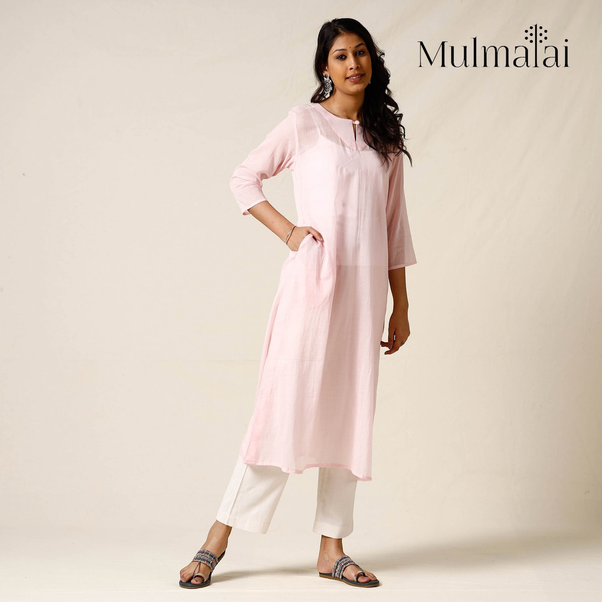 Baby Pink - Mulmalai Cotton Plain Dyed Straight Long Kurta 28