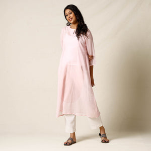 Baby Pink - Mulmalai Cotton Plain Dyed Straight Long Kurta 28