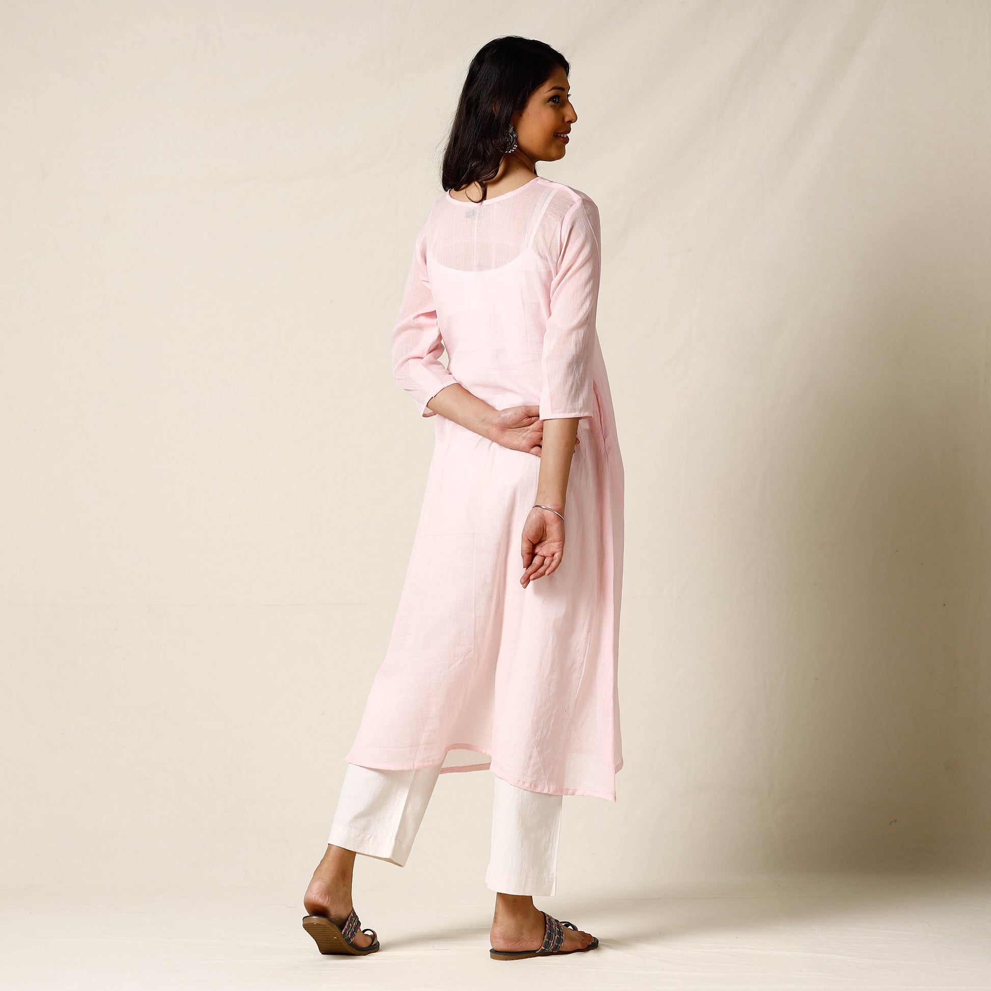 Baby Pink - Mulmalai Cotton Plain Dyed Straight Long Kurta 28