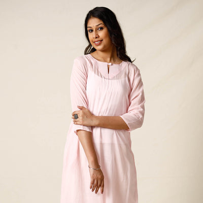 Baby Pink - Mulmalai Cotton Plain Dyed Straight Long Kurta 28