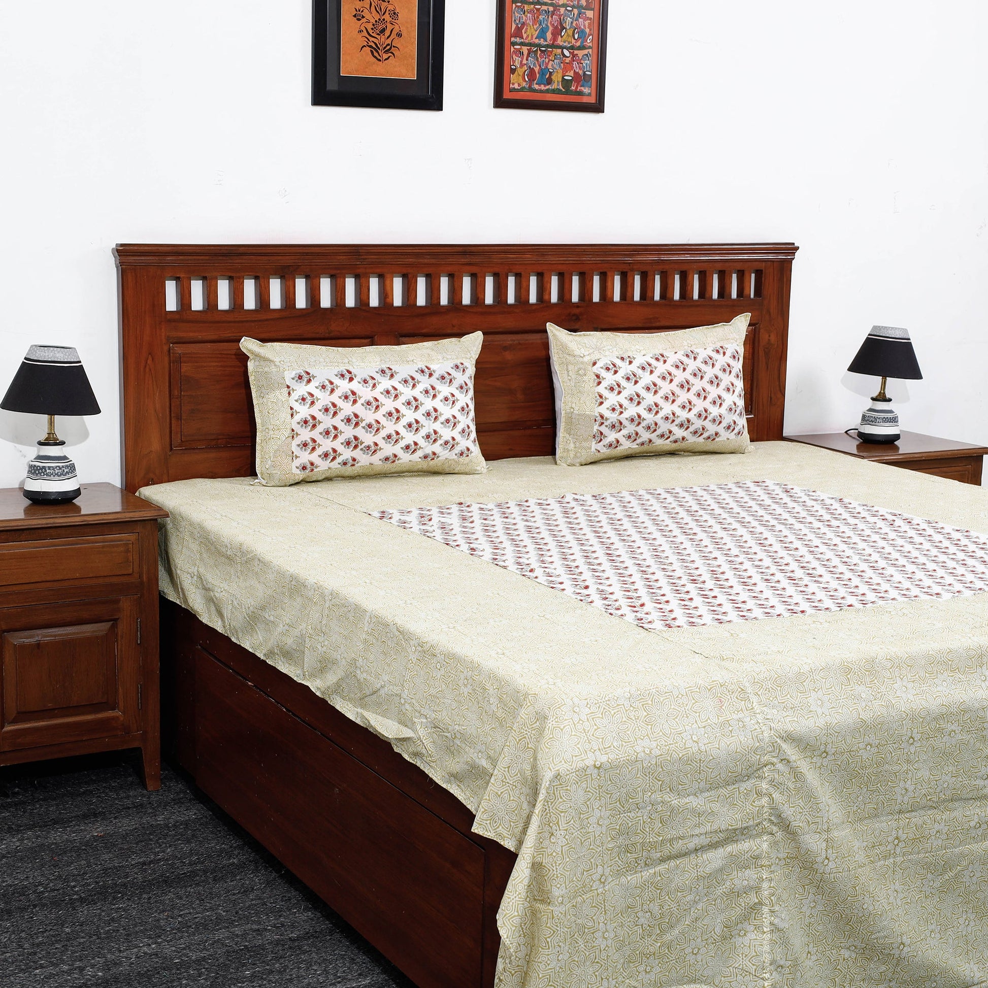 Beige - Block Print Patchwork Cotton Sanganeri Bed Sheet