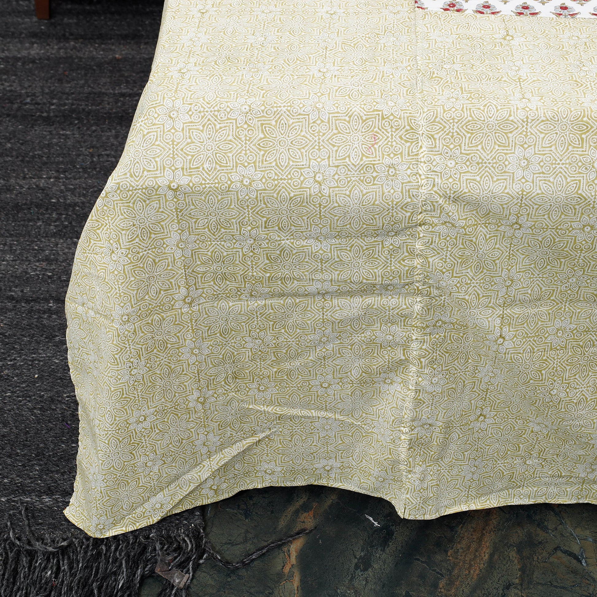 Beige - Block Print Patchwork Cotton Sanganeri Bed Sheet