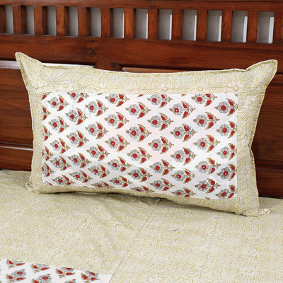 Beige - Block Print Patchwork Cotton Sanganeri Bed Sheet